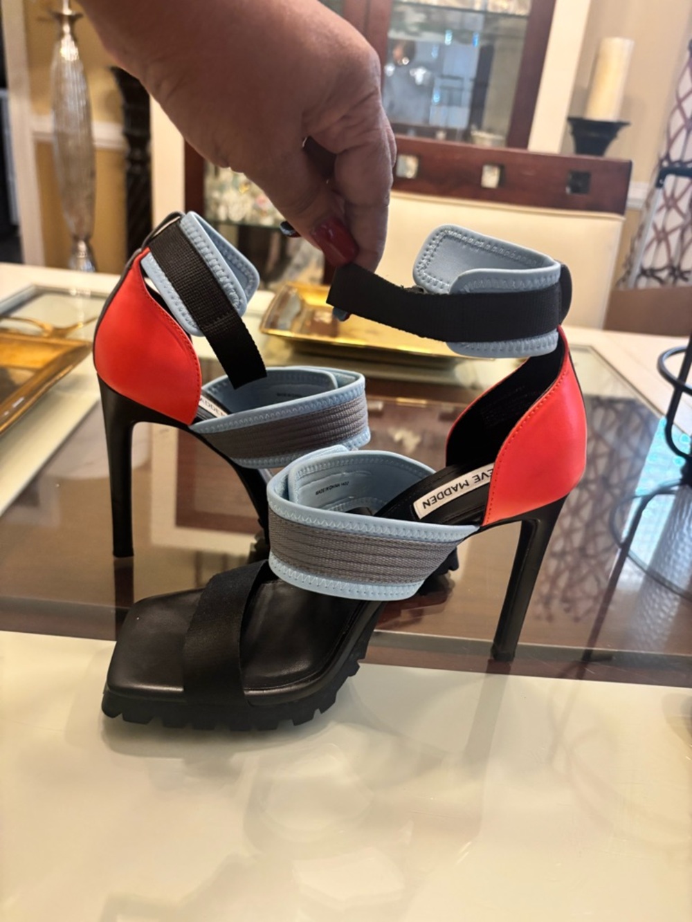 Steve Madden Red and Light Blue Strappy Stiletto Sandals with Black Sole